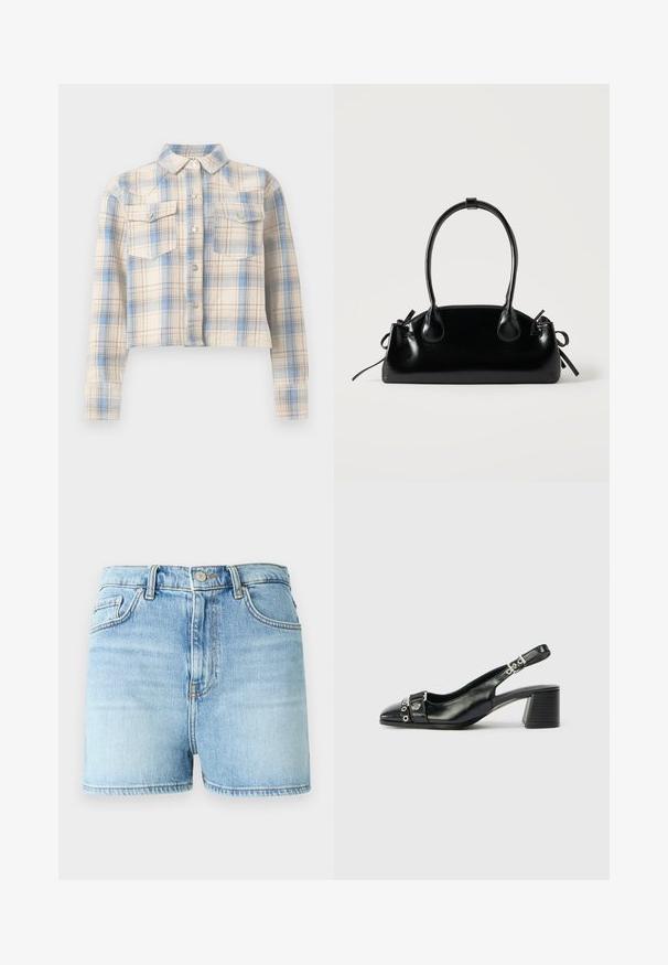 Chemise courte boutonnée avec manches longues et poches à rabat sur la poitrine, présentant un motif à carreaux beige, bleu et marron clair.; Shorts en denim bleu clair, présentant une taille haute, un design classique à cinq poches, et un ourlet effiloché avec une texture légèrement délavée.; Sandale à talon en cuir noir avec un bout pointu, une sangle texturée ornée d'accents métalliques circulaires et un talon empilé.; Petit sac à main noir brillant avec deux longues anses et des détails à cordon sur les côtés sur un fond clair uni.