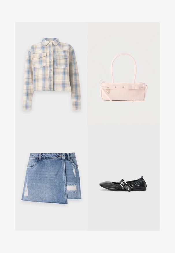 Chemise courte boutonnée avec manches longues et poches à rabat sur la poitrine, présentant un motif à carreaux beige, bleu et marron clair.; Jupe en denim mini en bleu clair avec des zones décolorées et des détails usés. Elle dispose d'une fermeture à boutons à l'avant et d'une conception traditionnelle à cinq poches.; Chaussure plate en cuir noir avec un nez pointu, des détails froncés autour de l'ouverture et un accent en boucle argentée sur la bride ajustable.; Sac à main rectangulaire rose pâle avec double poignée, nœud décoratif, œillets métalliques et petit charm en forme de cœur sur un fond uni.
