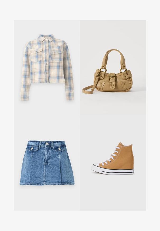 Chemise courte boutonnée avec manches longues et poches à rabat sur la poitrine, présentant un motif à carreaux beige, bleu et marron clair.; Mini-jupe en denim bleu avec bouton frontal, fermeture éclair, deux poches à rabat boutonnées et passants pour ceinture.; Baskets montantes en toile beige avec des lacets blancs, un embout en caoutchouc, et une semelle à rayures noires. Fini texturé avec des détails de couture.; Sac à main en cuir beige avec double poignées, boucle en laiton et détails rivetés, ainsi qu'une bandoulière réglable sur fond blanc.