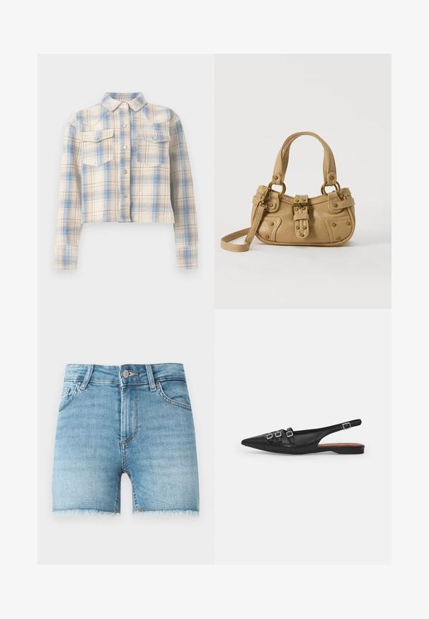 Chemise courte boutonnée avec manches longues et poches à rabat sur la poitrine, présentant un motif à carreaux beige, bleu et marron clair.; Shorts en denim bleu clair avec un ourlet effiloché, cinq poches et une fermeture à bouton à l'avant. Présente une légère décoloration et une coupe classique.; Chaussure plate noire en cuir avec un bout pointu, dotée de deux lanières horizontales et de boucles carrées en argent, avec un faible talon et une texture lisse.; Sac à main en cuir beige avec double poignées, boucle en laiton et détails rivetés, ainsi qu'une bandoulière réglable sur fond blanc.