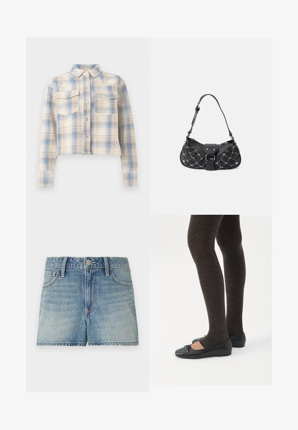 Chemise courte boutonnée avec manches longues et poches à rabat sur la poitrine, présentant un motif à carreaux beige, bleu et marron clair.; Shorts en denim bleu clair avec bouton à l'avant, fermeture éclair, passants de ceinture et poches avant, posés à plat sur un fond blanc.; Jambes portant des leggings côtelés foncés associés à des ballerines noires avec de petits détails en nœud sur fond blanc.; Sac à main noir avec texture matelassée, doté de quincaillerie en argent, d'une forme incurvée et d'une seule bandoulière réglable. Fermeture zippée sur le dessus.