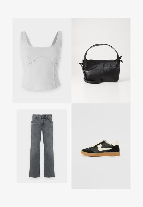 Grå bomulds crop top med firkantet halsudskæring, brede stropper og buede sømme. Glat overflade med tætsiddende design og ingen synlig hardware.; Grå denimjeans med lige ben, lynlås og knap foran samt fem-lomme-design, vist mod en hvid baggrund.; Sorte ruskinds- og lædersneakers med en cremefarvet side-swoosh og lys cremefarvet hæl. Har beige snørebånd og en gummirubber-sål.; Sort læderhåndtaske med et struktureret design, rund tophåndtag og aftagelig skulderrem. Den har en glat tekstur og en subtil glans.