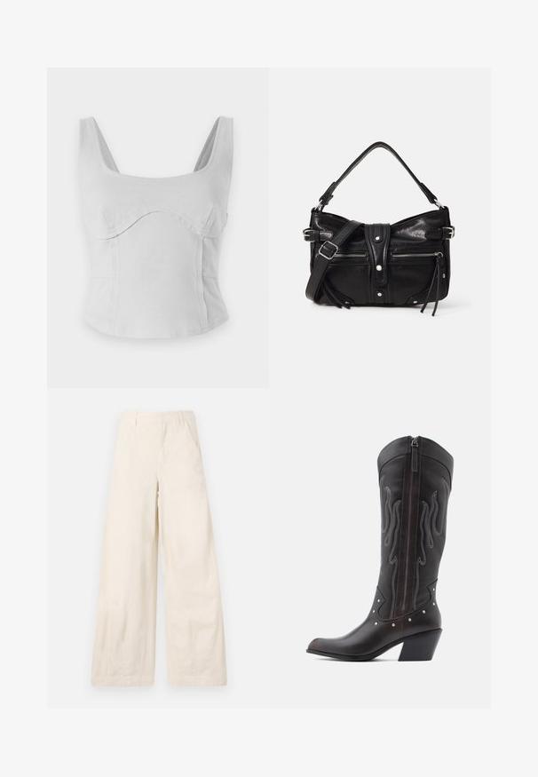 Grå bomulds crop top med firkantet halsudskæring, brede stropper og buede sømme. Glat overflade med tætsiddende design og ingen synlig hardware.; Bredde bukser i beige bomuldsstof med forlommer og en glat tekstur. Ingen synlige udsmykninger eller mønstre.; Brune læder cowboystøvler med flammebroderi, sidelukning med lynlås, sølvnitter, spids snude og lagdelt hæl.; Even&Odd by Zalando H24462 - Håndtasker - black
