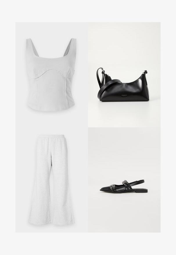 Γκρίζο βαμβακερό crop top με τετράγωνη λαιμόκοψη, φαρδιές τιράντες και καμπύλες ραφές. Λείο ύφασμα με εφαρμοστή σχεδίαση και χωρίς ορατό υλικό.; Ανοιχτό γκρι αντηλέωσοι παντελόνια φόρμας με ελασκή μέση, φτιαγμένα από μαλακό, υφασμάτινο ύφασμα. Διαθέτουν χαλαρή εφαρμογή και φαρδιές τρύπες στα πόδια.; Even&Odd Μπαλαρίνες με λουράκι στον αστράγαλο - black; Μαύρη δερμάτινη τσάντα χειρός με λεία υφή. Διαθέτει ρυθμιζόμενο λουρί και κομψό, μινιμαλιστικό σχέδιο με φερμουάρ.