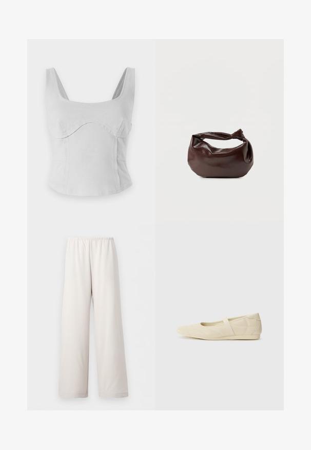 Sivý bavlnený crop top so štvorcovým výstrihom, širokými ramienkami a zakrivenými švami. Hladká textúra s priliehavým dizajnom a bez viditeľného kovania.; Voľné béžové krémové nohavice s elastickým pásom a rovnými širokými nohavicami, zobrazené na bielom pozadí.; Béžové baletky s hladkým koženým povrchom, mandľovým tvarom špičky a elastickým pásikom cez priehlavok, so subtílnymi švovými detailmi.; Tmavohnedá kožená kabelka cez rameno s mäkkým, voľným tvarom a držadlom v podobe skrúteného uzla na jednoduchom bielom pozadí.