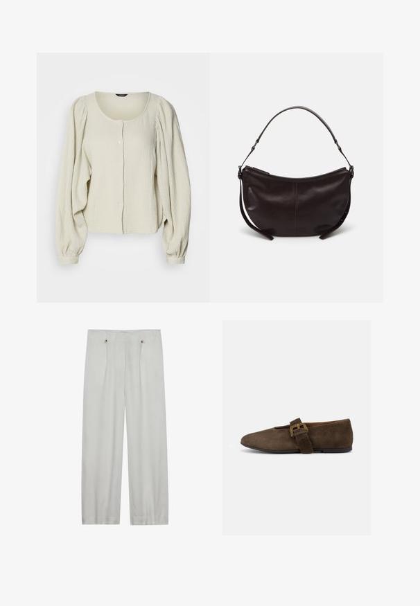 Blouse beige clair en tissu texturé, avec un col rond, une fermeture à boutons à l'avant et des manches longues bouffantes avec des détails froncés.; Pantalons taille haute en gris clair, à jambes larges, fabriqués en tissu doux. Comprend deux plis avant, deux boutons de fermeture et une texture lisse.; Chaussure plate en daim marron avec une large bride et une boucle dorée, bout arrondi et semelle noire basse, vue de profil sur fond blanc.; Sac à épaule en cuir marron foncé avec une forme courbe, texture lisse et une seule sangle réglable. Doté d'une fermeture éclair.
