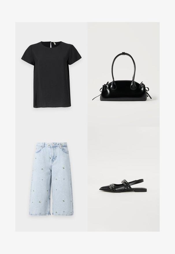 Top negro de manga corta con escote redondo y corte recto. Presenta un ligero brillo y una apertura con forma de llave en la parte posterior.; Pantalones cortos de mezclilla de lavado claro con bordado floral, que presenta margaritas y hojas verdes. Diseño clásico de cinco bolsillos y un dobladillo deshilachado.; Even&Odd Bailarinas con tira trasera - black; Pequeño bolso negro brillante con dos asas largas y detalles de cordón lateral sobre un fondo claro liso.