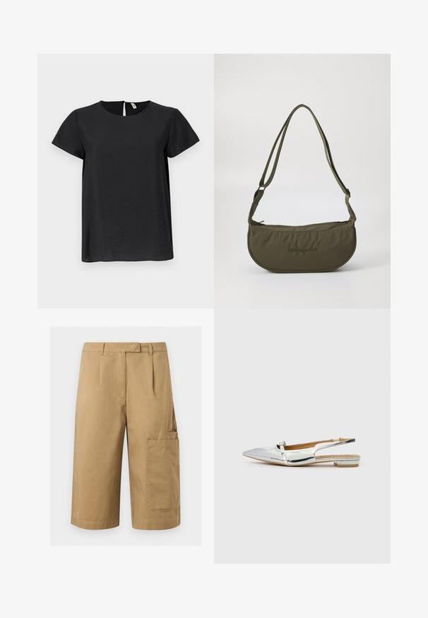 Top negro de manga corta con escote redondo y corte recto. Presenta un ligero brillo y una apertura con forma de llave en la parte posterior.; Pantalones cortos cargo beige hasta la rodilla con bolsillo parche lateral, trabillas para cinturón y pinzas delanteras, hechos de tela resistente.; Zapato plano de charol metálico plateado con punta afilada, detalle de hebilla decorativa y tacón bajo cuadrado. Textura suave, diseño minimalista.; Bolso de hombro de color verde oliva con forma curva, hecho de tejido suave, que cuenta con una cremallera superior, correas ajustables y detalle de logo en relieve.