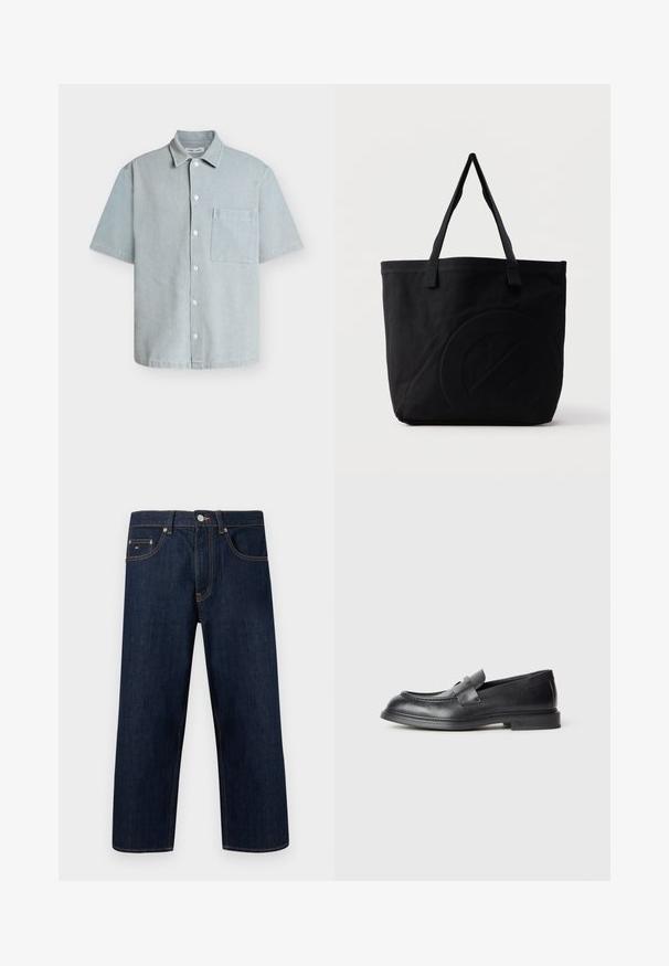 Chemise bleu clair à manches courtes avec boutons, col et poche poitrine, en tissu texturé.; Jean droit en denim bleu foncé avec cinq poches, coutures contrastantes orange, bouton argenté et petit logo sur la poche avant droite.; Mocassins en cuir noir avec une finition texturée, dotés d'une bride décorative à l'avant et d'un bout arrondi. Semelle en caoutchouc pour plus de durabilité.; Sac fourre-tout en toile noire avec deux bandoulières et un motif circulaire discret en relief sur le devant.