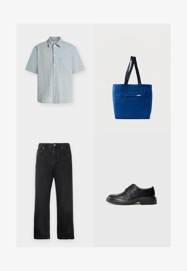 Chemise bleu clair à manches courtes avec boutons, col et poche poitrine, en tissu texturé.; Jeans noirs à jambe droite avec poches avant, passants de ceinture et fermeture à bouton sur fond blanc.; Chaussure oxford en cuir noir avec un bout rond, un laçage à l'avant et un petit talon empilé, sur fond clair.; Sac fourre-tout en toile bleue avec une poche zippée à l'avant, des doubles bretelles et une forme rectangulaire. Dispose d'une étiquette de marque discrète.