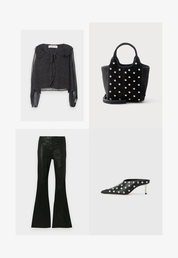 Blouse noire transparente à pois blancs, manches longues bouffantes, col froncé et lien à l'encolure, présentée à plat sur fond blanc.; Pantalon évasé noir en matériau brillant, doté d'une taille ajustée, d'un design à cinq poches et d'une fermeture à bouton à l'avant.; STAND STUDIO KELSEY - Mules à talons - black; Sac à main en daim noir avec des clous ronds argentés, deux poignées courtes et une bandoulière amovible sur fond blanc.