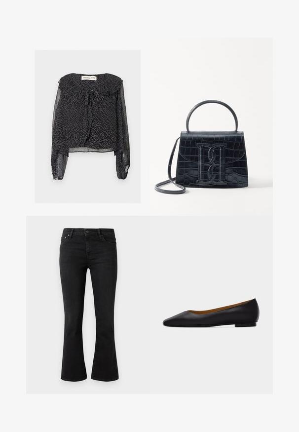Blouse noire transparente à pois blancs, manches longues bouffantes, col froncé et lien à l'encolure, présentée à plat sur fond blanc.; Jean noir évasé en denim, avec un design classique à 5 poches, fermeture à bouton à l'avant et léger délavage sur les cuisses.; Chaussure plate en cuir noir à bout pointu avec talon bas et finition lisse, vue de côté sur un fond gris clair.; Sac à main en cuir noir embossé en crocodile avec un design structuré, une poignée supérieure, une bandoulière ajustable et un détail de logo en avant bien visible.