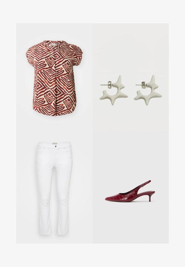 Blusa de manga corta en color crema, decorada con atrevidos patrones geométricos en zigzag en rojo y marrón. Presenta un cuello de banda y cierre frontal con botones.; Jeans de mezclilla blanca con corte recto. Presenta cinco bolsillos, un cierre con botón en la parte superior y herrajes en tono plateado con una textura suave.; Zapato de tacón tipo slingback de cuero burdeos con textura de cocodrilo, punta afilada, correa ajustable con hebilla y tacón bajo tipo kitten sobre un fondo blanco.; Pendientes plateados con un diseño distintivo y abstracto, con formas irregulares y acabado brillante. Incluyen cierre de tuerca para su sujeción.