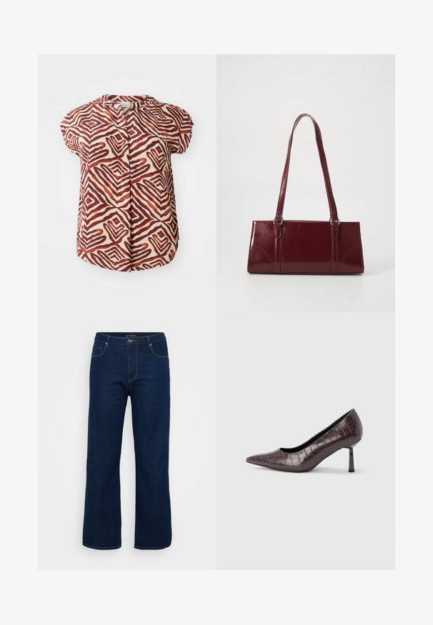 Korte mouwen blouse in roomkleur, versierd met gedurfde rode en bruine geometrische zigzagpatronen. Heeft een bandkraag en een knoopsluiting aan de voorkant.; Donkerblauwe denim jeans met een rechte snit, voorzien van een ritsgulp, vijf zakken en zichtbare stikseldetails.; Bruine nepleren pumps met een puntige neus en krokodillenstructuur, voorzien van een slanke, hoekige hak en een gladde binnenvoering.; Bourgondische handtas van glanzend materiaal, rechthoekige vorm, met twee schouderbanden en subtiele gebogen accenten aan de voorkant.