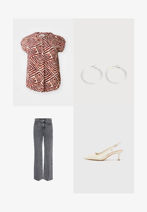 Korte mouwen blouse in roomkleur, versierd met gedurfde rode en bruine geometrische zigzagpatronen. Heeft een bandkraag en een knoopsluiting aan de voorkant.; Hoge taille, rechte grijze spijkerbroek van denim met knopen aan de voorkant, ritssluiting en klassiek ontwerp met vijf zakken.; Beige slingback hakken van soepel leer. Heeft een spitse neus, een uitsnijdingsontwerp en een lage cilindrische hak voor stabiliteit.; Een paar glanzende zilveren oorringen met dunne draadafsluitingen, getoond op een lichtgrijze achtergrond.