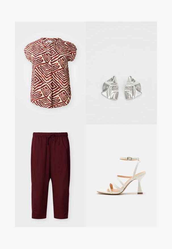 Blusa de manga corta en color crema, decorada con atrevidos patrones geométricos en zigzag en rojo y marrón. Presenta un cuello de banda y cierre frontal con botones.; Pantalones con cintura elástica color granate con cordón ajustable, piernas rectas y bolsillos laterales, exhibidos sobre un fondo claro.; Sandal de tacón alto blanco con tiras y hebilla en el tobillo, textura suave, punta cuadrada y tacón esculpido. Plantilla de color beige claro.; Pendientes de metal plateado con un diseño ondulado y escultórico, que presentan un acabado pulido y formas irregulares, destacando una estética contemporánea.