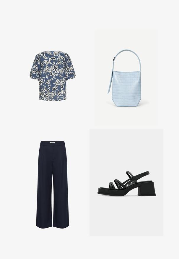 Blusa de manga corta azul con patrón floral blanco, cuello redondo y hombros fruncidos. Tejido suave con un corte ligeramente holgado.; Pantalones azul marino de pierna ancha hechos de tela suave. Presentan una cintura alta, pliegues delanteros y bolsillos laterales. Diseño a medida con líneas limpias.; Sandalias negras de tacón con múltiples tiras delgadas y un tacón ancho. Diseño elegante con una textura mate. La plantilla tiene una leve curvatura.; Bolso de mano azul claro con textura de cocodrilo, forma rectangular, asa superior única y una correa colgante lateral sobre un fondo blanco liso.