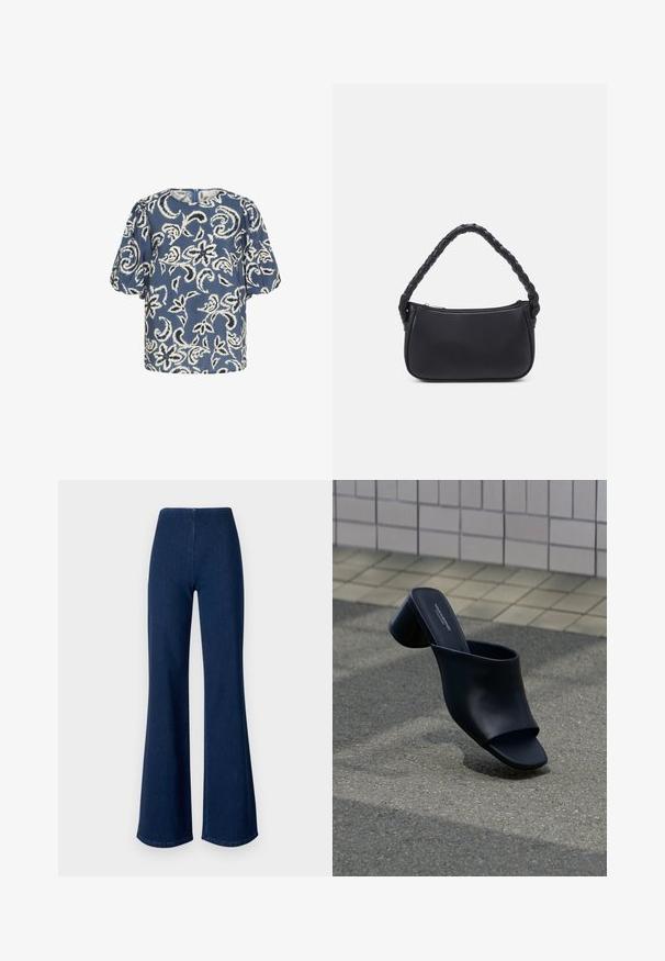 Blusa de manga corta azul con patrón floral blanco, cuello redondo y hombros fruncidos. Tejido suave con un corte ligeramente holgado.; Pantalones vaqueros acampanados de color azul oscuro, hechos de mezclilla con una cinturilla elástica. Presentan una textura suave y un diseño de pierna ancha que se extiende hasta el dobladillo.; Mule de piel negra con punta abierta y tacón ancho, posicionado sobre asfalto cerca de una superficie de baldosas.; Bolso negro de forma redondeada, hecho de material liso. Presenta un asa trenzada y un cierre de cremallera para un almacenamiento seguro.