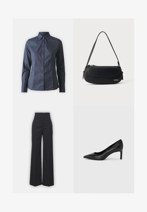 Chemise à manches longues bleu marine avec fermeture à boutons sur le devant, col pointu et coupe ajustée. Fabriquée dans un tissu léger et lisse.; Pantalons à jambes larges en tissu noir avec une taille haute, présentant une finition soignée et une texture lisse. Pas de matériel ou de motifs visibles.; Escarpin à bout pointu en cuir noir avec un talon fin de hauteur moyenne sur un fond gris clair uni.; Sac à épaule en cuir noir avec rabat incurvé, logo doré "HUGO" sur le devant, et une bandoulière réglable.