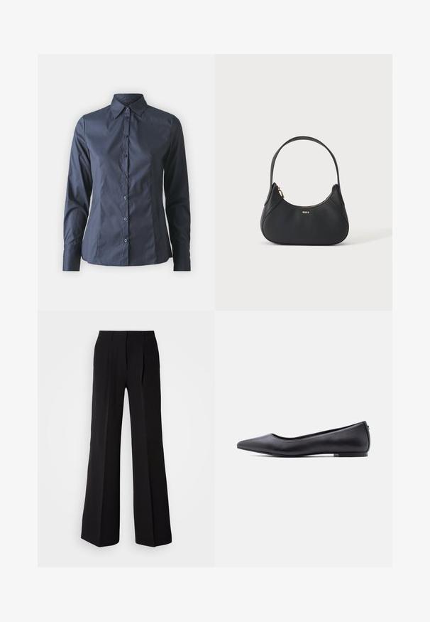 Chemise à manches longues bleu marine avec fermeture à boutons sur le devant, col pointu et coupe ajustée. Fabriquée dans un tissu léger et lisse.; Pantalons noirs en tissu lisse, avec une taille haute, une coupe évasée et deux plis sur le devant pour un détail de conception supplémentaire.; Chaussure plate en cuir noire à bout pointu avec petit talon, vue de profil sur fond blanc.; Sac à bandoulière en cuir noir avec une forme incurvée, fermeture éclair dorée et petit logo doré à l'avant, isolé sur fond clair.