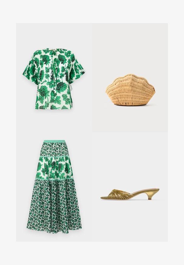 Korte mouw blouse met een groen en zwart bladpatroon op een lichte achtergrond. Heeft een ronde halslijn en trekkoorddetails in de taille.; Groene maxirok met een smocktailleband. Heeft een gelaagd ontwerp met bloemenprints en verschillende tinten groen.; Gouden mule met open teen, lage kittenhak en knoopdesign op een effen witte achtergrond.; Geweven rotan handtas in de vorm van een sint-jakobsschelp met natuurlijke lichtbruine kleur en afgeronde, gestructureerde randen.