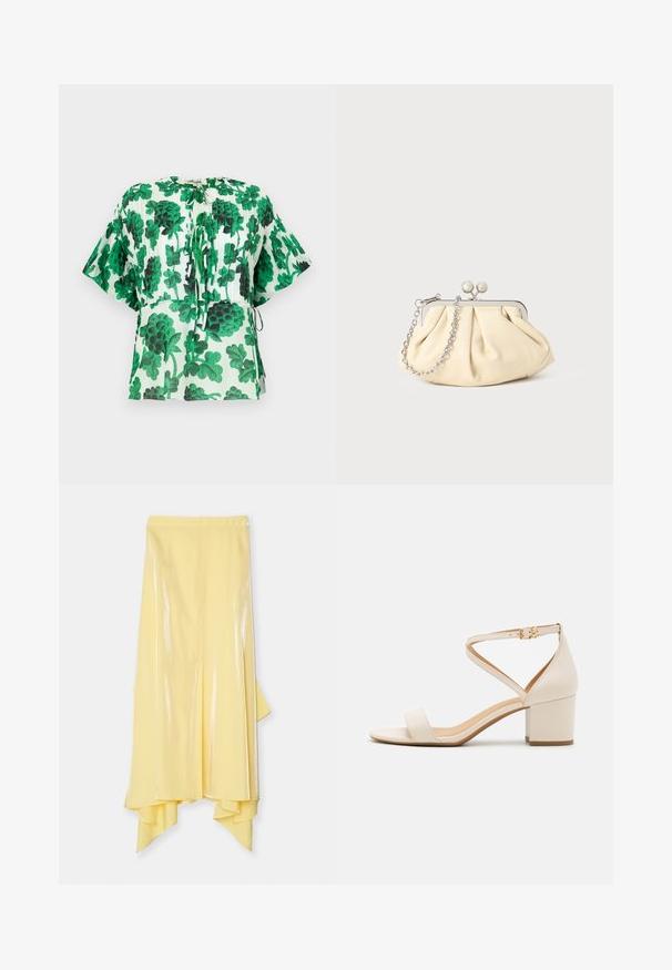 Blouse à manches courtes avec un motif de feuilles vertes et noires sur un fond clair. Dotée d'un col rond et de détails à cordon à la taille.; Jupe midi jaune avec un ourlet asymétrique, fabriquée en tissu brillant et lisse. Elle présente une taille ajustée et une silhouette fluide.; Sandales à talon bloc beiges présentant un design minimaliste, bout ouvert et une sangle de cheville ajustable avec une boucle dorée. Texture lisse.; Pochette en cuir beige plissé avec un cadre en métal argenté, dotée de deux fermoirs ronds décoratifs et d'une chaîne en argent.