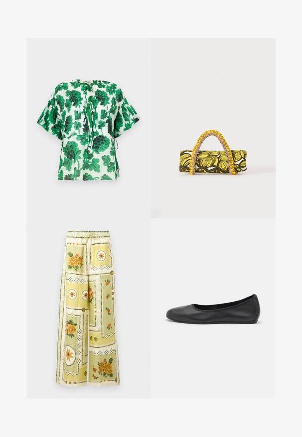 Korte mouw blouse met een groen en zwart bladpatroon op een lichte achtergrond. Heeft een ronde halslijn en trekkoorddetails in de taille.; Wijde broek met lichtgele bloemen- en geometrische patchworkpatronen, met een elastische tailleband en trekkoord.; Zwarte leren ballerina met een ronde neus, gladde textuur, minimale stikdetails en een flexibele zoolontwerp.; Rechthoekige tas met geel-zwart bloemenpatroon en gevlochten geel-roze handvat op witte achtergrond.