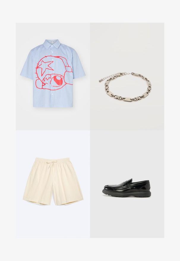 Korte mouw knopsluiting shirt met lichtblauwe en witte strepen, met een opvallend rood grafisch ontwerp met een ster en cirkelvormige vormen.; Crèmekleurige knielange shorts met elastische tailleband en trekkoord, met zijzakken, plat neergelegd op een lichte achtergrond.; Zwarte leren instapper met een glanzende afwerking, een ronde neus, subtiele stiksels en een dikke rubberen zool voor duurzaamheid.; Zilverkleurige metalen armband met afwisselend rechthoekige en ovale schakels, verstelbare sluiting met kleine ronde bedel op witte achtergrond.