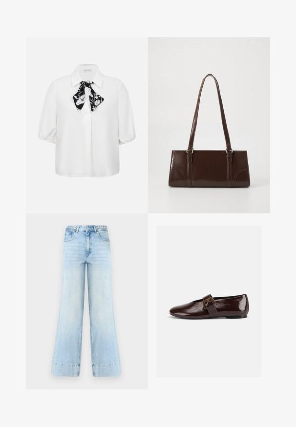 Blouse blanche à manches courtes avec col et foulard fleuri noir et blanc noué au niveau du col.; Jean large bleu clair à taille haute, passants de ceinture tressés, bouton frontal, fermeture éclair et deux poches sur fond blanc.; Chaussure plate en cuir verni marron foncé avec une large bride à boucle dorée et un bout arrondi, présentée de profil sur fond blanc.; Sac à main en cuir verni marron de forme rectangulaire, avec deux longues poignées et des accents courbés subtils à l'avant.