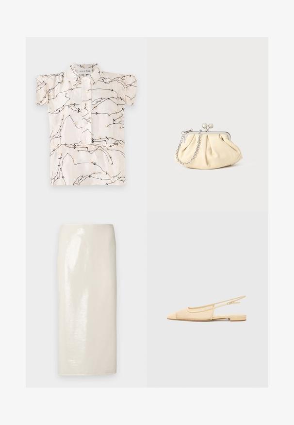 Blouse à manches courtes en tissu crème présentant des broderies florales noires et beiges, avec une fermeture à boutons sur le devant et un col classique.; Jupe crayon brillante de couleur crème avec une texture lisse et une silhouette ajustée, présentant une coupe longueur genou et sans fermetures visibles.; Chaussure plate slingback en beige clair avec une tige en maille, un bout pointu et un petit talon. Dotée d'une sangle ajustable pour un bon maintien.; Pochette en cuir beige plissé avec un cadre en métal argenté, dotée de deux fermoirs ronds décoratifs et d'une chaîne en argent.