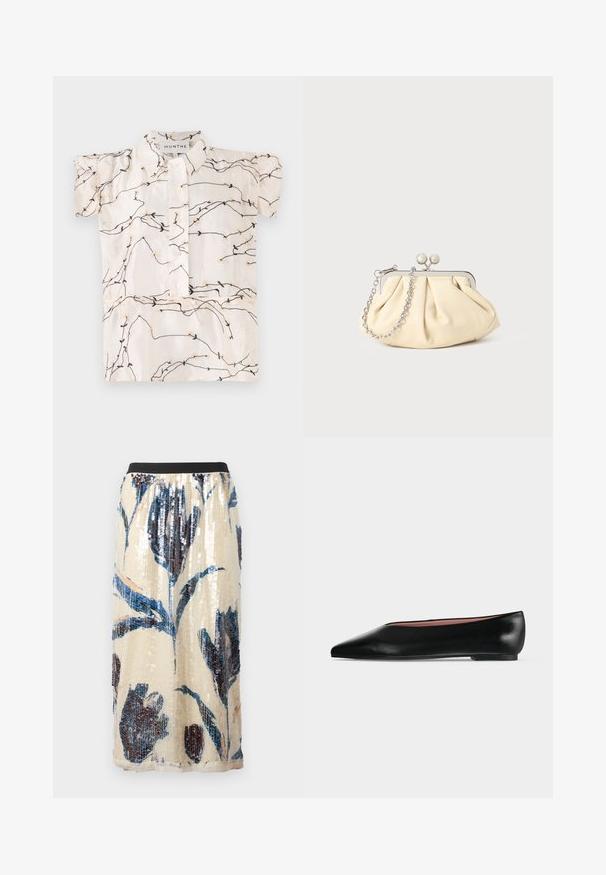 Blouse à manches courtes en tissu crème présentant des broderies florales noires et beiges, avec une fermeture à boutons sur le devant et un col classique.; Jupe midi beige avec taille élastique noire, grand motif floral bleu et sombre pailleté.; Chaussure plate en cuir noir pour femme, avec bout pointu et petit talon, vue de côté sur un fond gris clair uni.; Pochette en cuir beige plissé avec un cadre en métal argenté, dotée de deux fermoirs ronds décoratifs et d'une chaîne en argent.