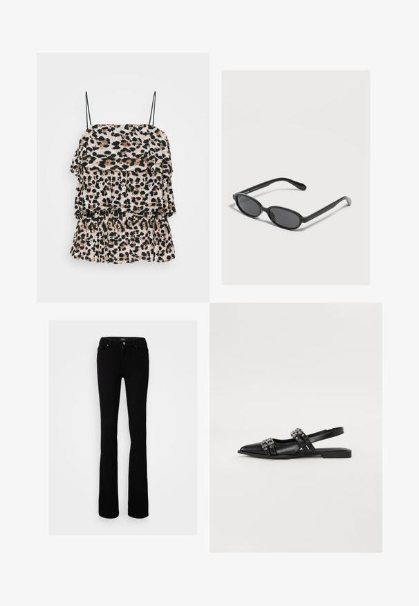 Haut en imprimé léopard avec volants superposés, fabriqué en tissu léger. Dispose de fines bretelles noires et d'une surface texturée.; Jean flare en denim noir extensible avec fermeture à bouton, quatre poches et une texture lisse, conçu pour une silhouette ajustée.; Even&Odd by Zalando Ballerines à brides arrière - black; Lunettes de soleil ovales noires avec des verres foncés et des montures fines posées sur une surface claire.