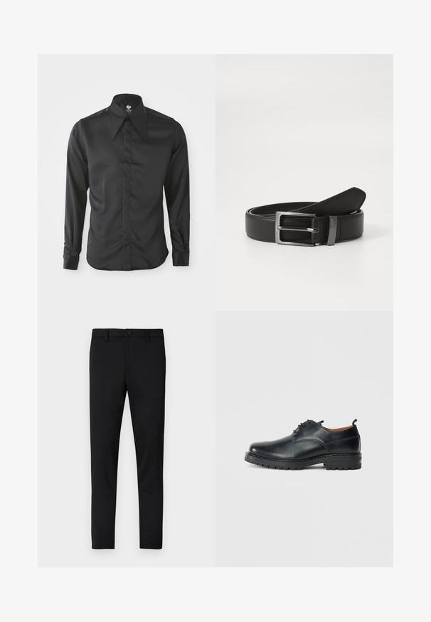 Chemise noire à manches longues en tissu lisse. Dotée d'un col pointu, d'une fermeture à boutons sur le devant et de manches ajustées avec des poignets à boutons.; Pantalon noir ajusté avec une texture lisse, fermeture par bouton, passants pour ceinture, sans motifs ni accents visibles.; Chaussures derby en cuir noir avec une texture lisse, bout rond, design à lacets et une semelle en caoutchouc épaisse et robuste.; Ceinture en cuir noir avec une boucle en métal argenté, présentant une finition lisse et un design classique. La ceinture est soigneusement pliée.