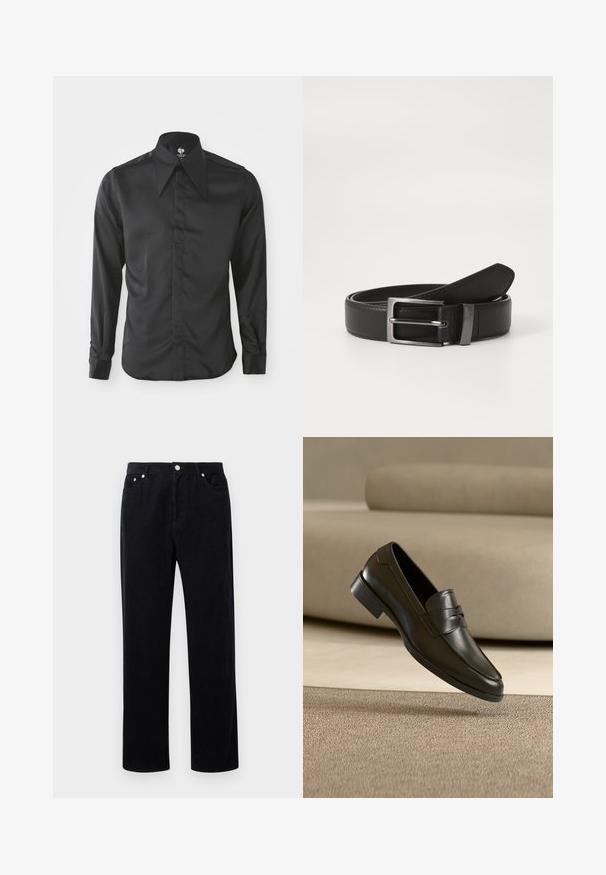 Chemise noire à manches longues en tissu lisse. Dotée d'un col pointu, d'une fermeture à boutons sur le devant et de manches ajustées avec des poignets à boutons.; Pantalons en velours côtelé noir avec une coupe droite, dotés d'une fermeture à bouton et fermeture éclair, de cinq poches et d'un tissu doux et texturé.; Mocassin en cuir noir flottant au-dessus d'un tapis beige avec un canapé beige en arrière-plan, mettant en valeur le design classique pour hommes sans lacets.; Ceinture en cuir noir avec une boucle en métal argenté, présentant une finition lisse et un design classique. La ceinture est soigneusement pliée.