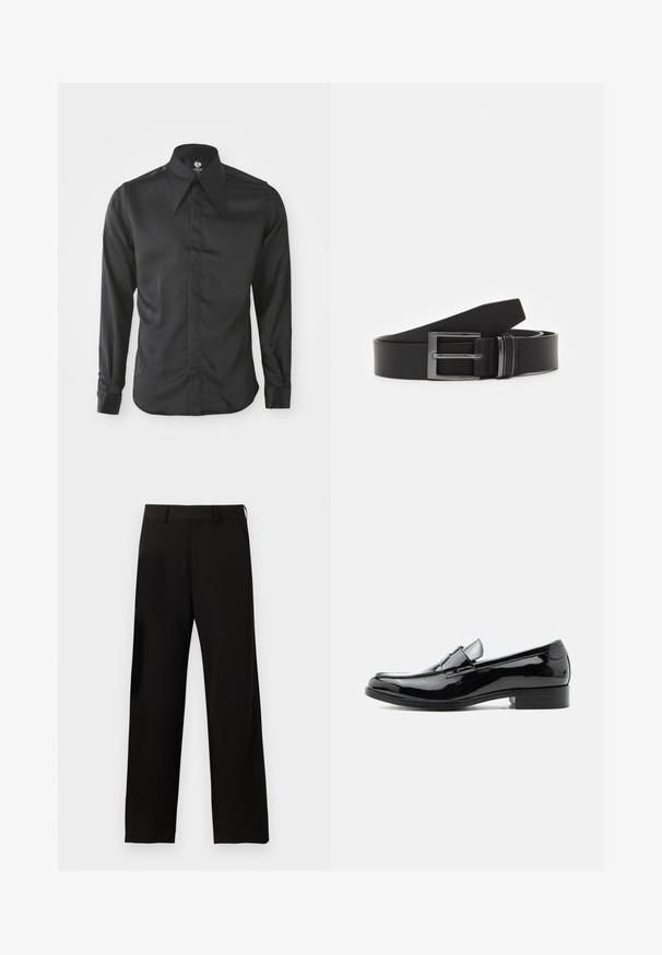 Chemise noire à manches longues en tissu lisse. Dotée d'un col pointu, d'une fermeture à boutons sur le devant et de manches ajustées avec des poignets à boutons.; Pantalon noir droit avec passants de ceinture et poches latérales sur fond blanc uni.; Mocassin pour homme en cuir verni noir avec talon bas, bout arrondi, et détail de bride sur le dessus, sur fond blanc.; Ceinture en cuir noir avec une boucle en métal argenté rectangulaire, au design plat et à la texture lisse. Les extrémités s'effilent pour un enfilage facile.