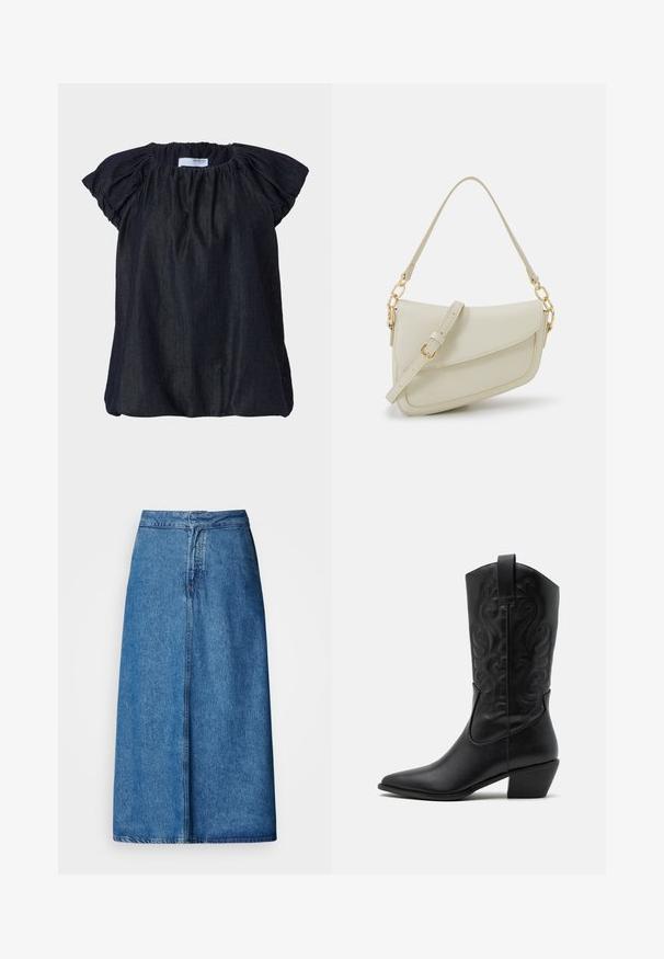 Mørkeblå kortærmet bluse med samlet stof ved halsudskæringen og bløde, rynkede ærmer. Fremstillet af letvægts, tekstureret materiale.; Denim midi-nederdel med afslappet pasform, høj talje, frynset kant og ensfarvet blå. Enkel design uden synlige udsmykninger.; Sorte læder cowboystøvler med spids tå, præget svungen mønster og en mid-højde hæl. Har en trækflap for nemt at tage på.; Lille cremehåndtaske med tekstureret overflade, en lang justerbar rem, en kædeaccent og flaplukning. Detaljer i guldhardware.