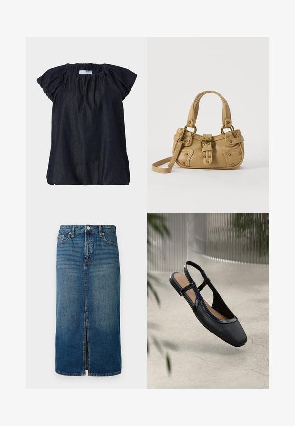 Blusa de manga corta azul oscuro con tejido recogido en el escote y suaves mangas fruncidas. Confeccionada en material ligero y texturizado.; Falda midi de mezclilla en azul oscuro con una abertura frontal, cinco bolsillos y costuras en contraste. Cuenta con un cierre de botón y cremallera en la cintura.; Zapato plano de piel negra tipo slingback con punta cuadrada, que presenta un ribete brillante de charol y correas ajustables para un ajuste seguro.; Bolso de cuero beige con doble asa, hebilla y remaches de latón, y una correa de hombro ajustable sobre un fondo blanco.