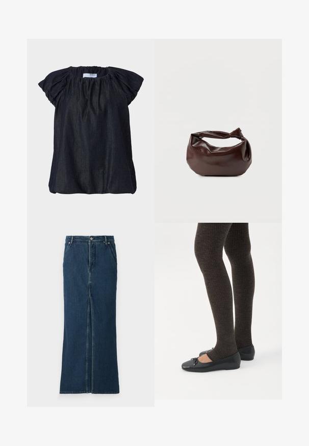Donkerblauwe blouse met korte mouwen, met geplooid materiaal bij de halslijn en zachte, gerimpelde mouwen. Gemaakt van lichte, gestructureerde stof.; Good American FIT AND FLARE MAXI SKIRT - Jeansrok - indigo; Benen met donkere geribbelde leggings gecombineerd met zwarte ballerina's met kleine strikdetails op een witte achtergrond.; Donkerbruine leren schoudertas met een zachte, slungelige vorm en een gedraaide knoopvormige handgreep op een effen witte achtergrond.