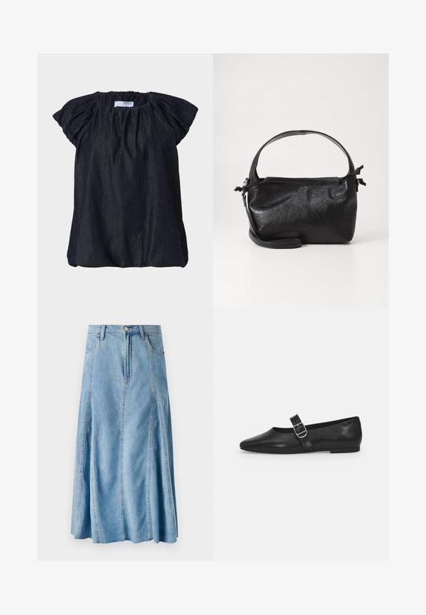 Mørkeblå kortærmet bluse med samlet stof ved halsudskæringen og bløde, rynkede ærmer. Fremstillet af letvægts, tekstureret materiale.; Lyseblå denimnederdel med en udvidet design, der har en knaplukning, bæltesløjfer og lodrette sømdetaljer. Længde til midt på læggen.; Sorte læder flade sko med rund tå, et enkelt justerbart spænde og en glat, blank overflade. Minimalistisk design med en lav hæl.; Sort læderhåndtaske med et struktureret design, rund tophåndtag og aftagelig skulderrem. Den har en glat tekstur og en subtil glans.