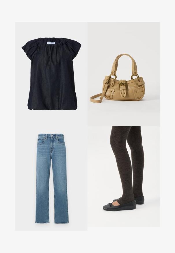 Mørkeblå kortærmet bluse med samlet stof ved halsudskæringen og bløde, rynkede ærmer. Fremstillet af letvægts, tekstureret materiale.; Blå højtaljede lige ben denim jeans med forreste knap og lommer på en hvid baggrund.; Ben iført mørke ribbede leggings kombineret med sorte balletsko med små sløjfedetaljer på hvid baggrund.; Beige læderhåndtaske med dobbelte håndtag, messing spænde og nitte detaljer samt en justerbar skulderrem mod en hvid baggrund.