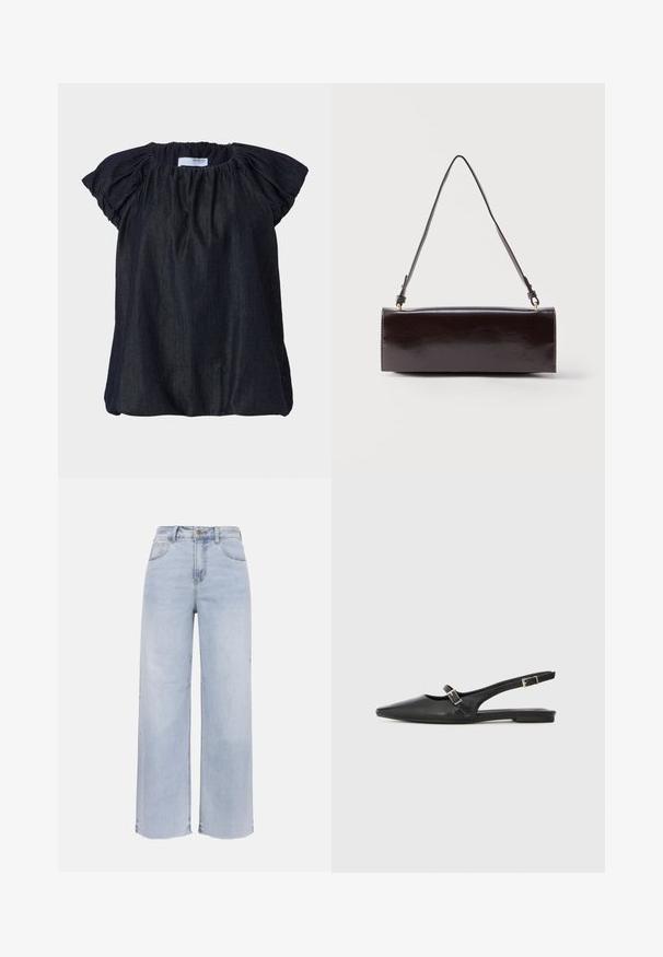 Blusa de manga corta azul oscuro con tejido recogido en el escote y suaves mangas fruncidas. Confeccionada en material ligero y texturizado.; Jeans azul claro de tiro alto y pierna ancha con botones y cremallera delanteros, dos bolsillos delanteros y dos traseros, y detalle de dobladillo sin terminar.; Zapatos slingback de cuero negro con punta afilada, que cuentan con una correa estrecha y un detalle de hebilla plateada en el lateral. Suela plana.; Bolso rectangular de cuero negro con una sola correa larga y acabado brillante, exhibido sobre un fondo blanco liso.