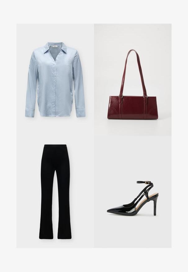 Blouse longue en satin bleu clair avec un motif léopard subtil, fermeture boutonnée sur le devant et col classique sur un fond neutre.; Pantalon noir taille haute avec une jambe légèrement évasée, présenté sur un fond clair uni.; Escarpin en cuir verni noir à talon haut, avec un bout pointu, une bride réglable à la cheville et des côtés ouverts. Texture lisse.; Sac à main bordeaux en matériau brillant, de forme rectangulaire, avec deux anses et des accents légèrement courbés à l'avant.