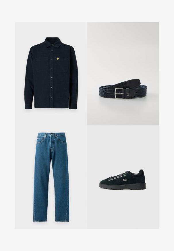 Mørkeblå kordfløjlsskjorte med knaplukning, to brystlommer og et lille gult logo på venstre lomme.; Blå denim jeans med lige ben, fem lommer og bæltestropper. Stoffet har en subtil tekstur og falmede områder ved lommerne.; Sorte ruskindssneakers med metalliske snørebånd, struktureret overdel og en tyk gummisål. Har et logo på siden.; Marineblå flettet bælte lavet af elastisk materiale med en lædertip. Har en sølvmetal spænde og Lacoste-logo prægede på læderet.