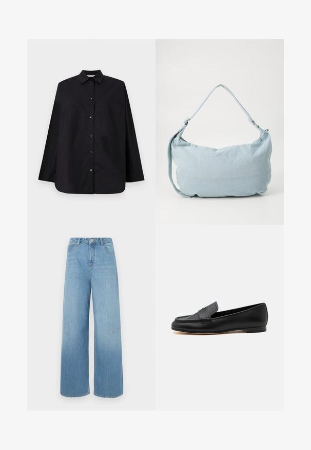 Chemise noire à manches longues en tissu lisse. Présente un col, une poche poitrine unique et un ourlet droit.; Jean large bleu clair à taille haute, avec deux poches avant, des détails de couture subtils et une coupe décontractée.; Mocassin en cuir noir avec un petit talon, des détails cousus et un petit accent métallique sur la tige supérieure.; Sac à dos en denim bleu clair de forme arrondie, avec une bandoulière ajustable et un subtil détail de couture le long du bas. Texture douce.