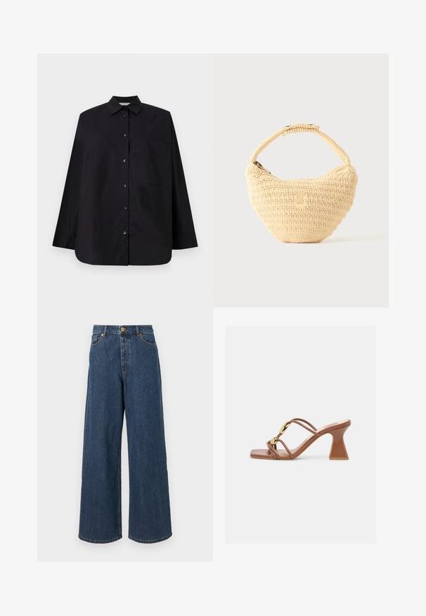 Chemise noire à manches longues en tissu lisse. Présente un col, une poche poitrine unique et un ourlet droit.; Jean en denim à jambes larges de couleur bleu foncé, avec une taille haute, une fermeture à bouton à l'avant et un design classique à cinq poches avec des détails de couture subtils.; Sandale marron à talon avec bout carré, talon bloc incurvé, fines brides et deux accents décoratifs circulaires dorés sur les brides.; Sac à main beige tissé avec corps arrondi, fermeture éclair et une sangle courte et épaisse dans un style crochet simple et texturé.
