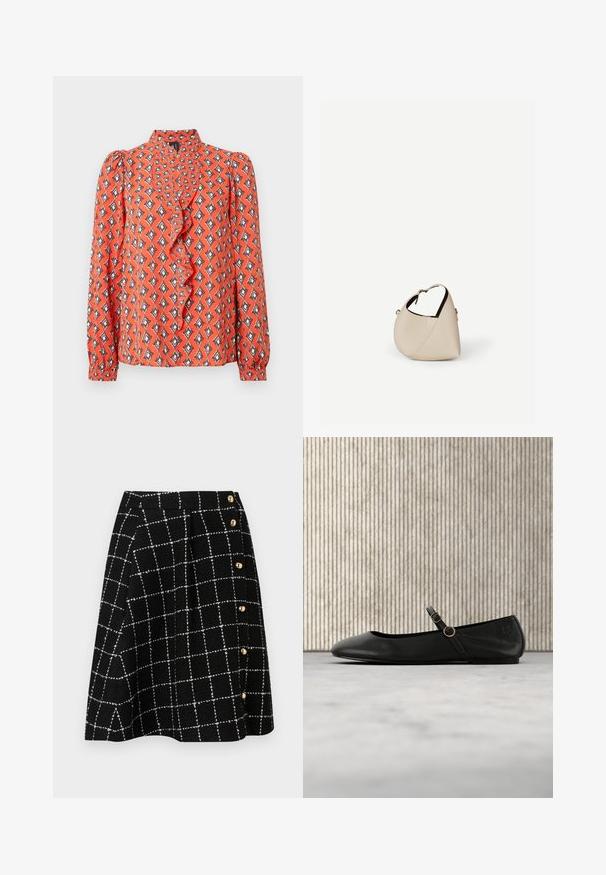 Blouse rouge à manches longues, col à volants, imprimé géométrique en orange, noir et crème. Tissu léger à texture lisse.; Jupe en tweed noir avec un motif à carreaux blancs, au design évasé et avec des accents de boutons dorés sur le côté.; Ballerine en cuir noir avec bout arrondi, dotée d'une fine lanière et d'une boucle circulaire dorée. Texture lisse et design minimaliste.; Sac à main en cuir beige en forme de croissant avec une seule bandoulière et des coutures minimalistes, posé sur un fond blanc uni.