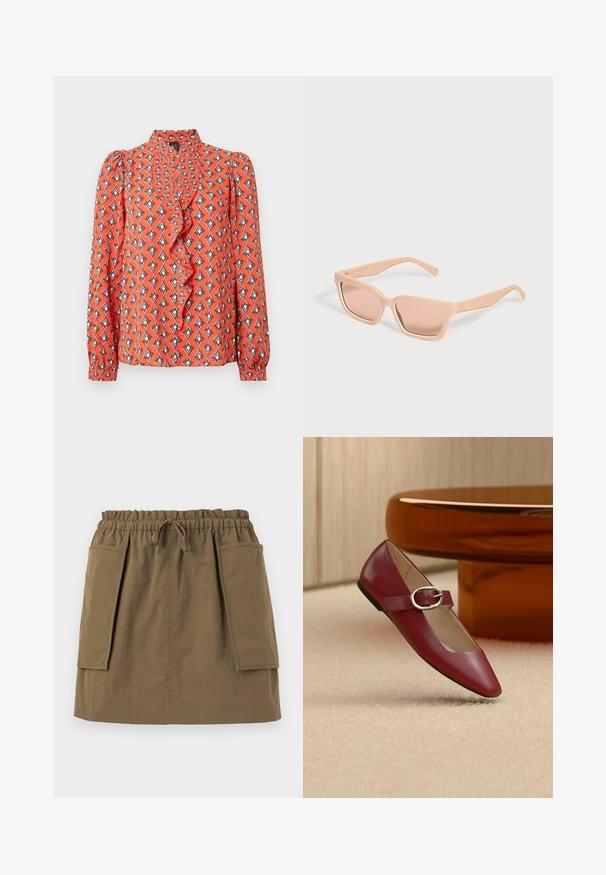 Blouse rouge à manches longues, col à volants, imprimé géométrique en orange, noir et crème. Tissu léger à texture lisse.; Jupe olive, longueur genoux, avec une taille élastique, un cordon de serrage et deux grandes poches latérales. Fabriquée en tissu léger avec des coutures visibles.; Chaussure plate Mary Jane en cuir rouge avec une bride à boucle argentée, posée sur un tapis beige près d'une table ronde marron.; Lunettes de soleil rectangulaires couleur pêche clair avec montures épaisses et verres teintés assortis sur un fond uni clair.