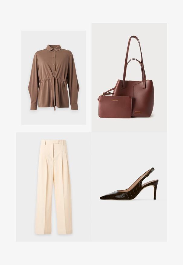 Chemise marron à manches longues avec boutonnière sur le devant, taille à cordon de serrage, col classique et larges poignets sur fond blanc.; Pantalon beige taille haute sur mesure avec plis, passants pour ceinture et jambes larges, étalé à plat sur un fond clair.; Chaussure slingback à talon haut marron foncé, bout pointu, texture crocodile et petite boucle dorée sur la bride.; Sac cabas en cuir marron avec deux bretelles d’épaule et une pochette assortie zippée, tous deux embossés du logo doré Emporio Armani.