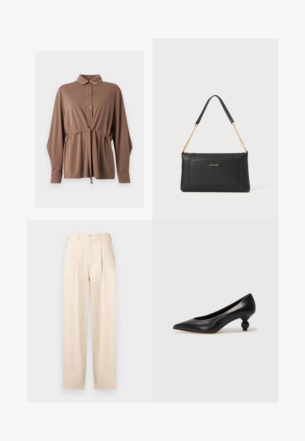 Chemise marron à manches longues avec boutonnière sur le devant, taille à cordon de serrage, col classique et larges poignets sur fond blanc.; Pantalon beige plissé en tissu mélangé coton. Comprend une braguette zippée, une fermeture à bouton et des poches latérales, avec une coupe décontractée et des jambes droites.; Chaussure à talon haut en cuir noir avec un bout pointu et un talon arrondi. Texture lisse avec un design épuré et minimal.; Pochette en cuir noir avec une texture en relief, bandoulière en chaîne dorée et une poche avant. Elle arbore un logo doré sur le devant.