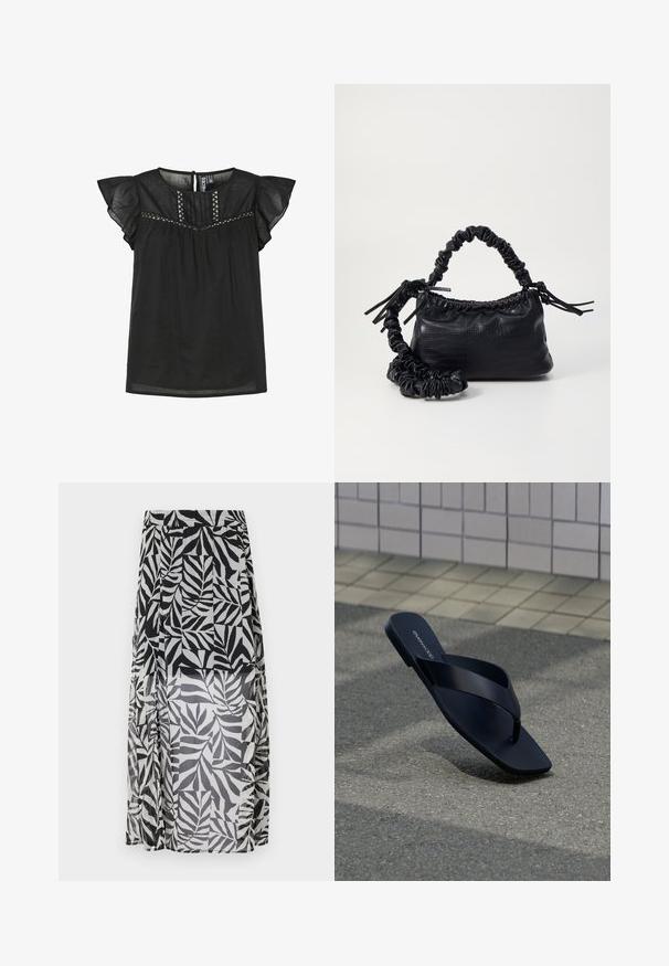 Haut noir à manches courtes avec des manches volantes, présentant un col rond, des coutures décoratives le long du plastron, et une ouverture en forme de trou de serrure à l'arrière.; Jupe maxi transparente noir et blanc avec un motif de feuilles, dotée d'une taille à cordon de serrage et de fentes sur les côtés pour plus de mouvement et de style.; Sandale noire à lanière avec bout carré et nom de la marque sur la semelle, positionnée debout sur un pavement texturé près d’un mur carrelé.; Sac à main en simili cuir noir avec une texture crocodile, un dessus resserré et une sangle froncée. A l'apparence douce et compacte.